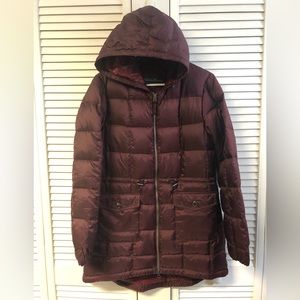 Eddie Bauer size M burgundy long down puffer hooded